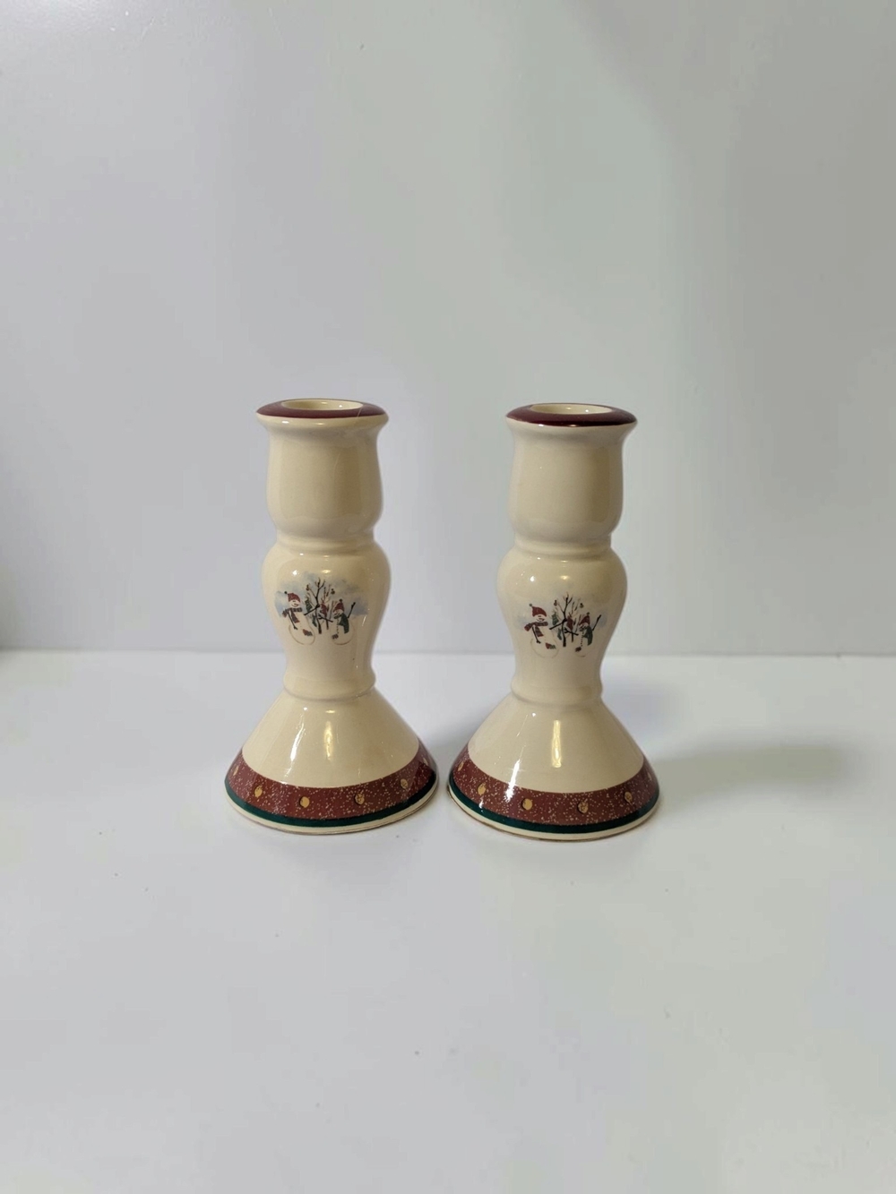Vintage Royal Seasons Stoneware Snowman Candlestick Holders - Set of 2 Holiday